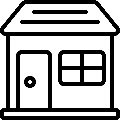 Simple black and white line drawing of a house with a door and window.