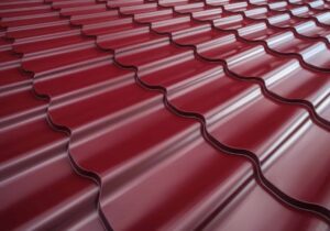 Red metal roofing with wavy pattern.