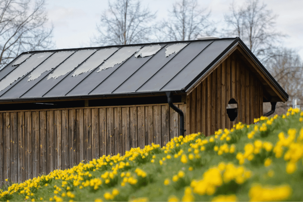 rustic barn surrounded by spring flowers