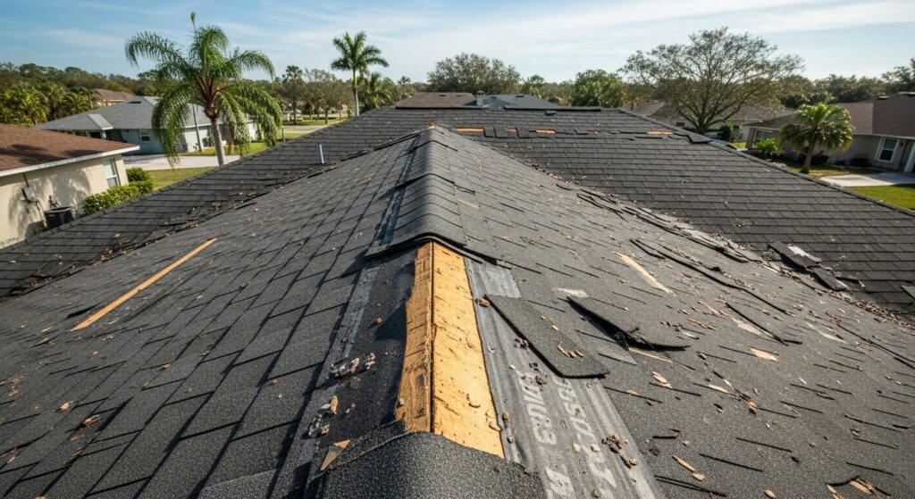 residential roof in Florida with missing shingles and exposed underlayment after storm damage