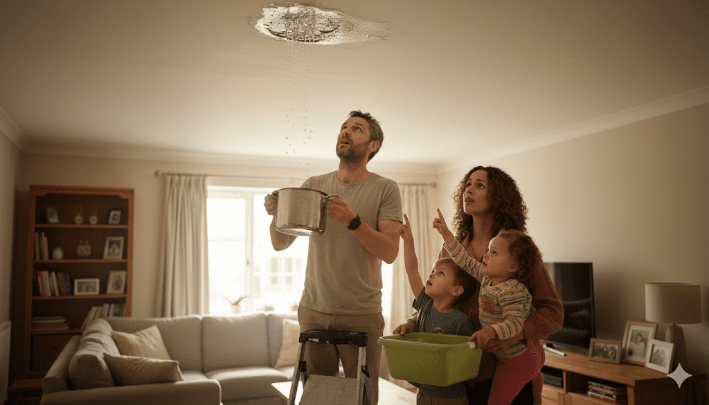 family looking at a leak on their ceiling