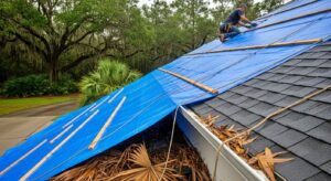 Roofer installing blue tarp over shingled roof