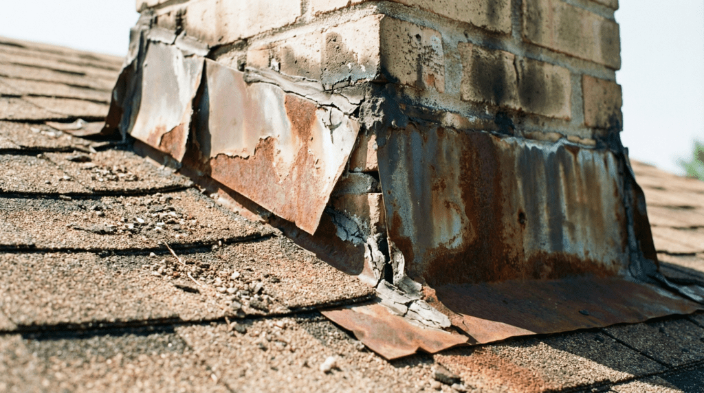 close-up of corroded and lifted roof flashing around a chimney