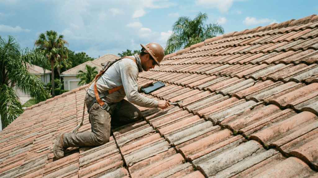 Professional roofer conducting inspection on tile roof in Florida