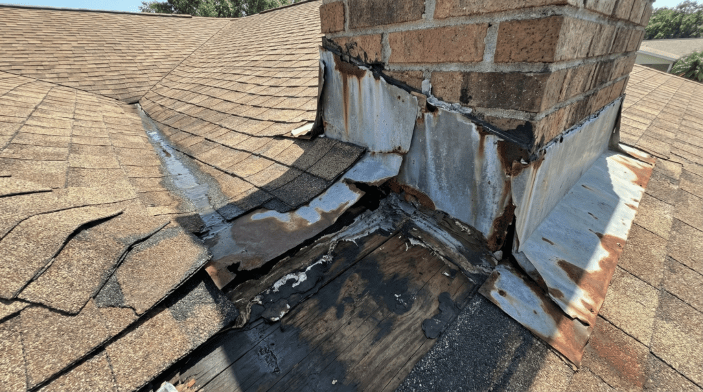 damaged roof flashing causing water leaks on a residential home