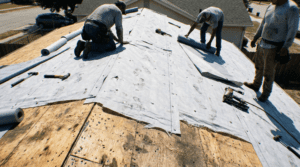 Roofers installing underlayment on residential roof