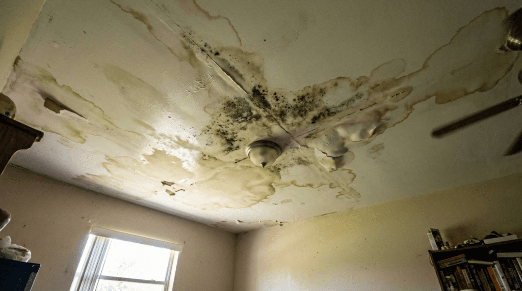 water damage and mold growth on ceiling caused by failed roof flashing