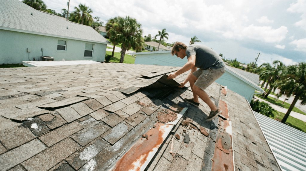 Florida homeowner inspecting roof shingles for storm damage