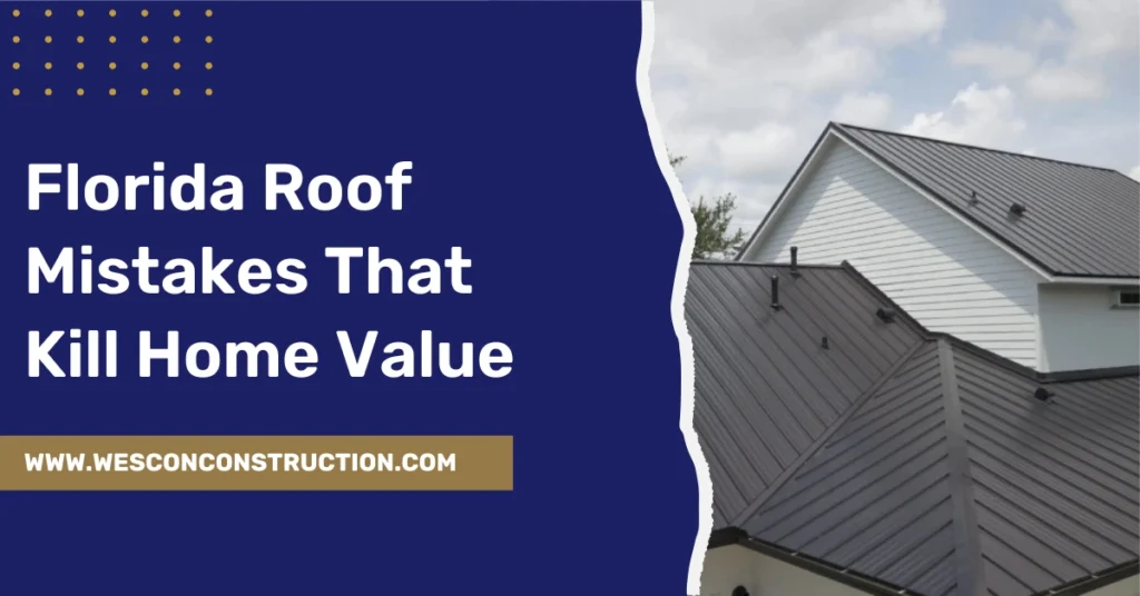 Florida homeowner holding inspection report with a damaged roof showing missing shingles and storm damage, illustrating common roof mistakes that reduce home value