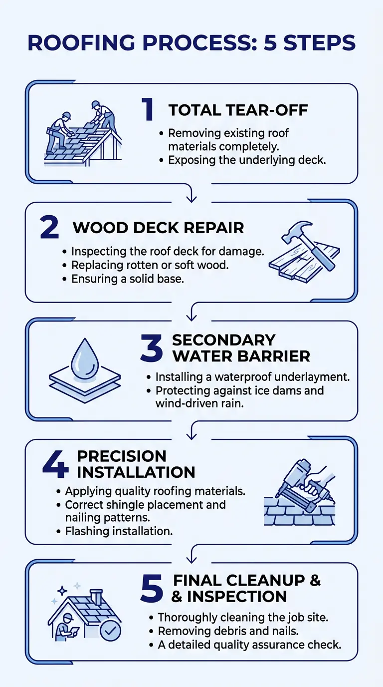 Wescon portrait-style roofing process infographic with five steps: tear-off, deck repair, water barrier, installation, and final cleanup