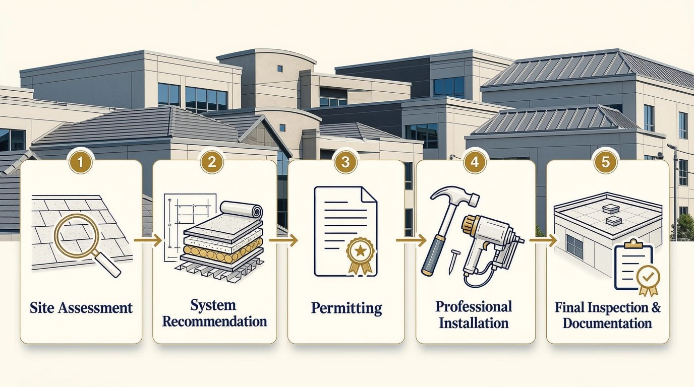 Wescon Construction commercial roofing process infographic with five steps from site assessment to final inspection and documentation