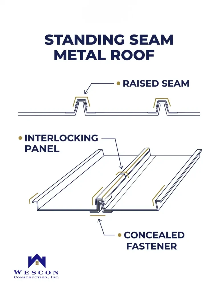 Wescon Construction standing seam metal roof diagram showing raised seams, interlocking panels, and concealed fasteners.